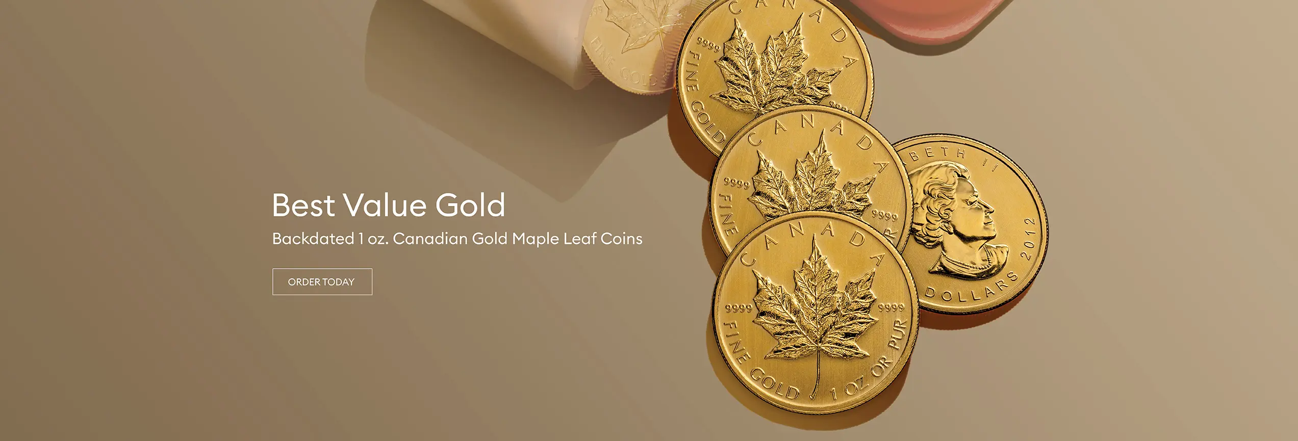 4 backdated 1 oz gold maple leaf coins laying on top of a gradient gold background.