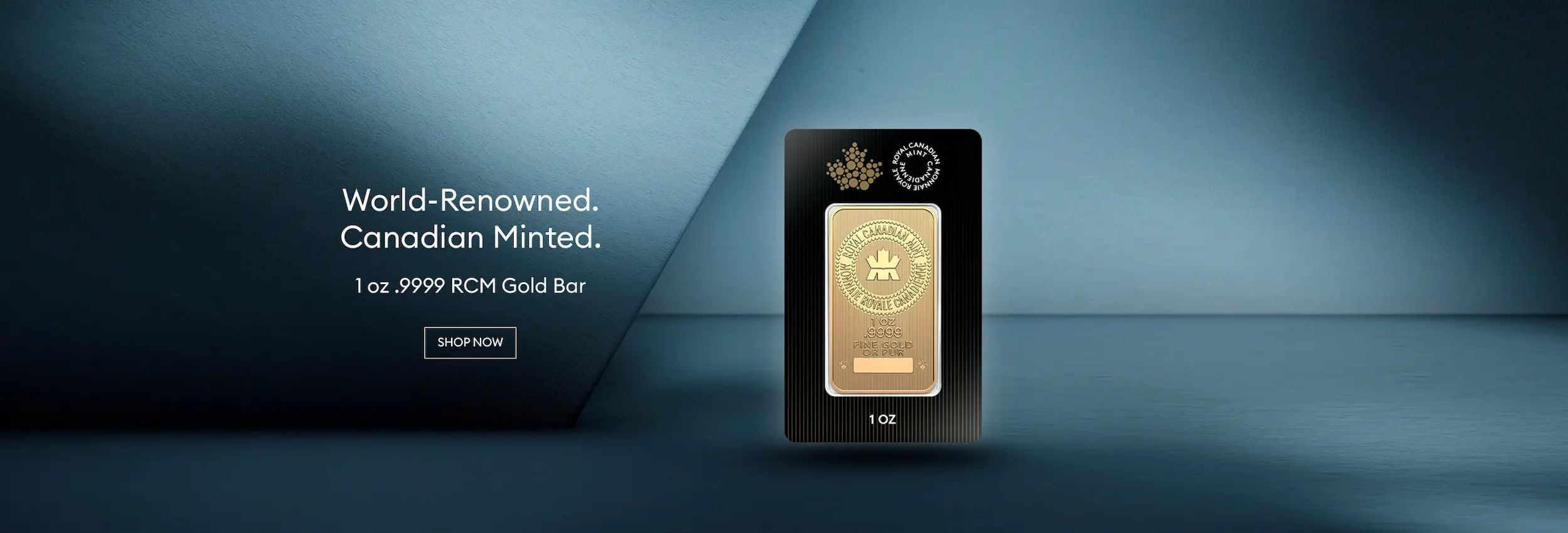 The Royal Canadian Mint 1ox Gold Bars in a blue background. The message World-Renowned Canadian Minted. 1oz.9999 RCM Gold Bar